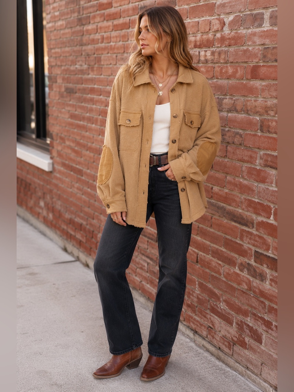 BKE Pieced Reverse Fleece Oversized Shacket Jacket Tan Large